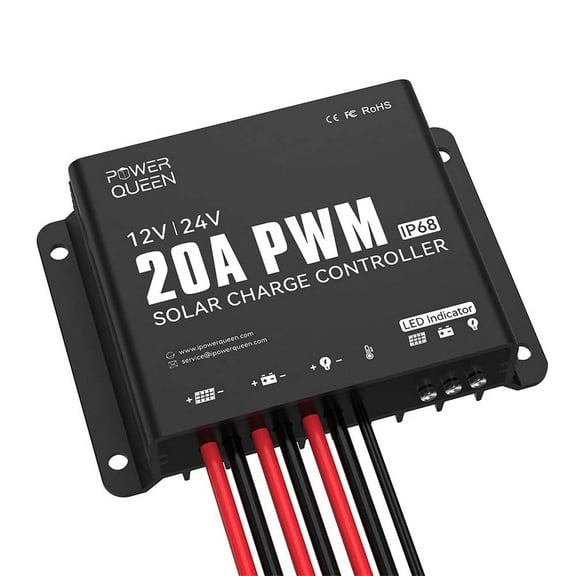Power Queen 12V/24V 20A PWM IP68 Waterproof Solar Charge Controller with LED Indicator,Compatible with Sealed, Gel, Flooded and Lithium Batteries