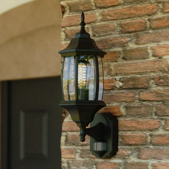 Rogers Park Aluminum 6.25-in. W 1 Light Black Motion Sensor Dusk to Dawn Outdoor Wall Lantern Clear Glass