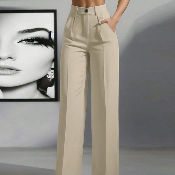 Solid Color Casual Women's High Waisted Pleated Loose Trousers, Work Pants Dress Pants, Office Chic Trousers,Khaki,M