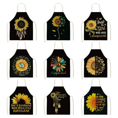 

Hariumiu Kitchen Sunflower Pattern Apron Skin-friendly Breathable Cotton Flax Cooking Apron for Dishwashing