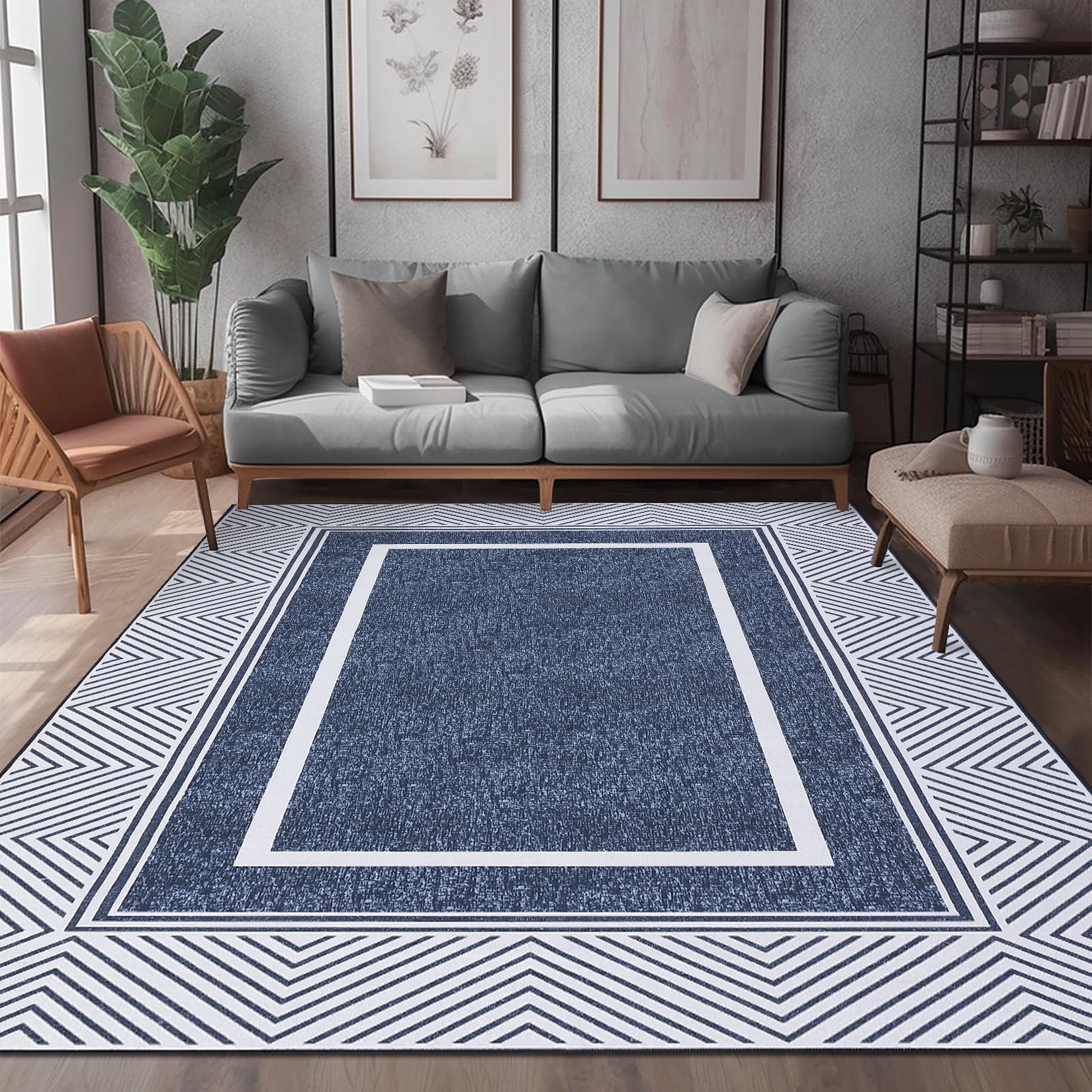 HOMERRY Washable Area Rug 9' x 12' Rug for Living Room Geometric bordered Pattern Carpet, Blue