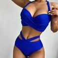thumbnail image 4 of 1 Set Swimwear Set Solid Color Cross Halter Neck Hight Waist Women Swimsuit for Beach, 4 of 7