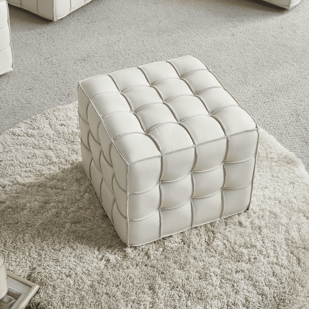 17.32''W Genuine Leather Tufted Ottoman for Living & Bedroom in Beige Color|Versatile Footstool as Extra Seat or Coffee Table