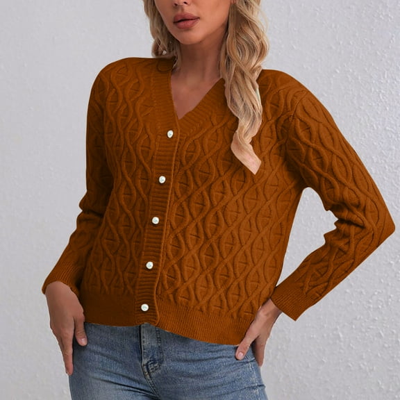 QUNYINEY Solid Fall Sweaters Women Long Sleeve V Neck Button Down Cardigan Blouses Loose Fit Fit Soft Cable Knit Casual Women's Tops