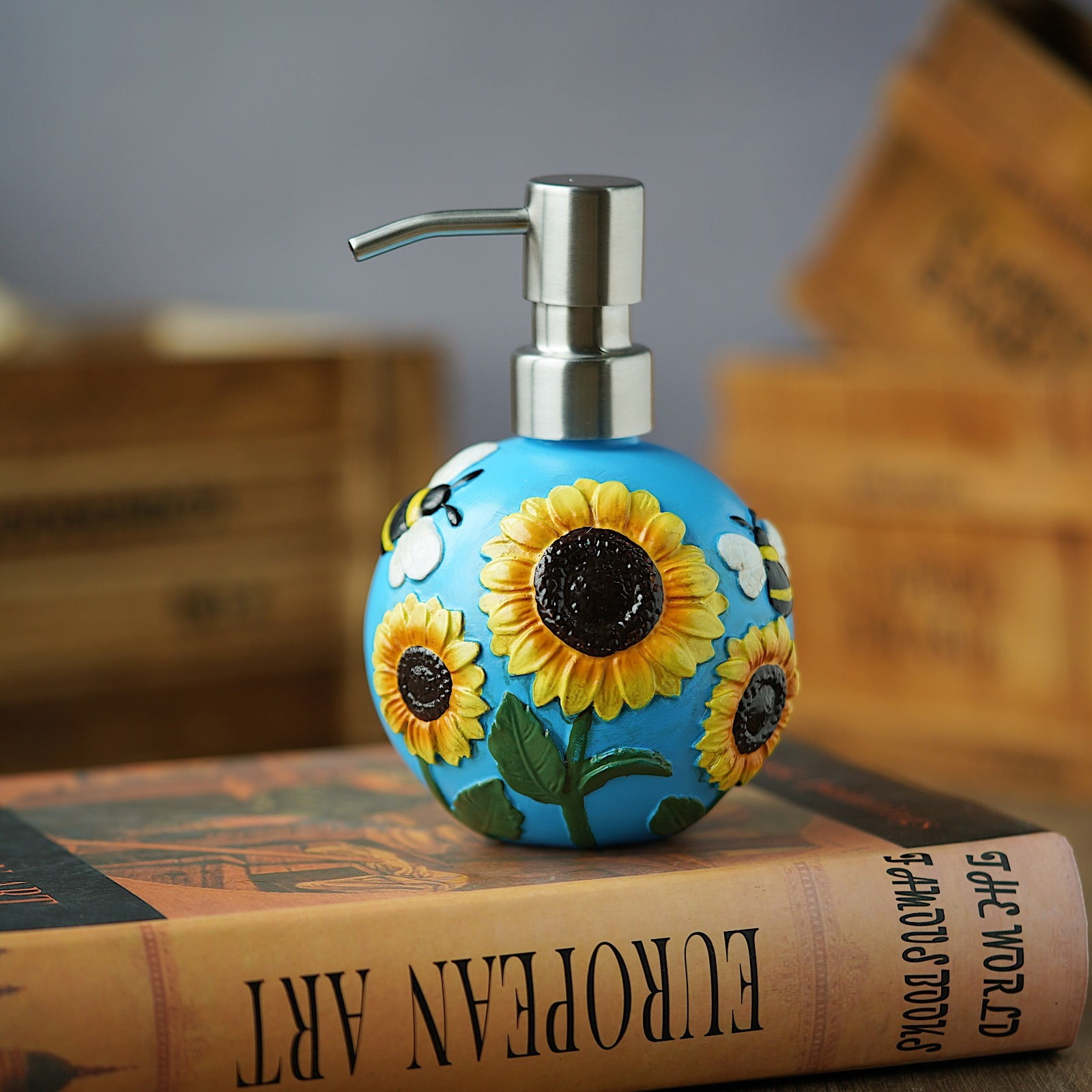 WiMiFar Soft Touch Resin Sunflower Nautical Sunflower 12 oz Free Standing Soap & Lotion Dispenser
