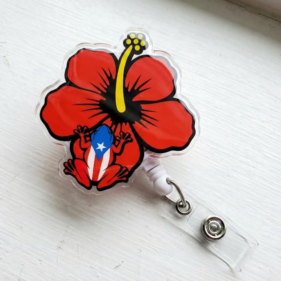Flor de maga con coqui badge reel Puerto Rico ID holder