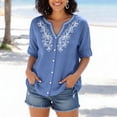 thumbnail image 6 of Qwertyu Linen Shirts for Women Spring Summer Casual Short Sleeve Embroidered Boho Tops Loose Fit Button Down Blouses Trendy Dressy V Neck Work Shirts Blue M, 6 of 6