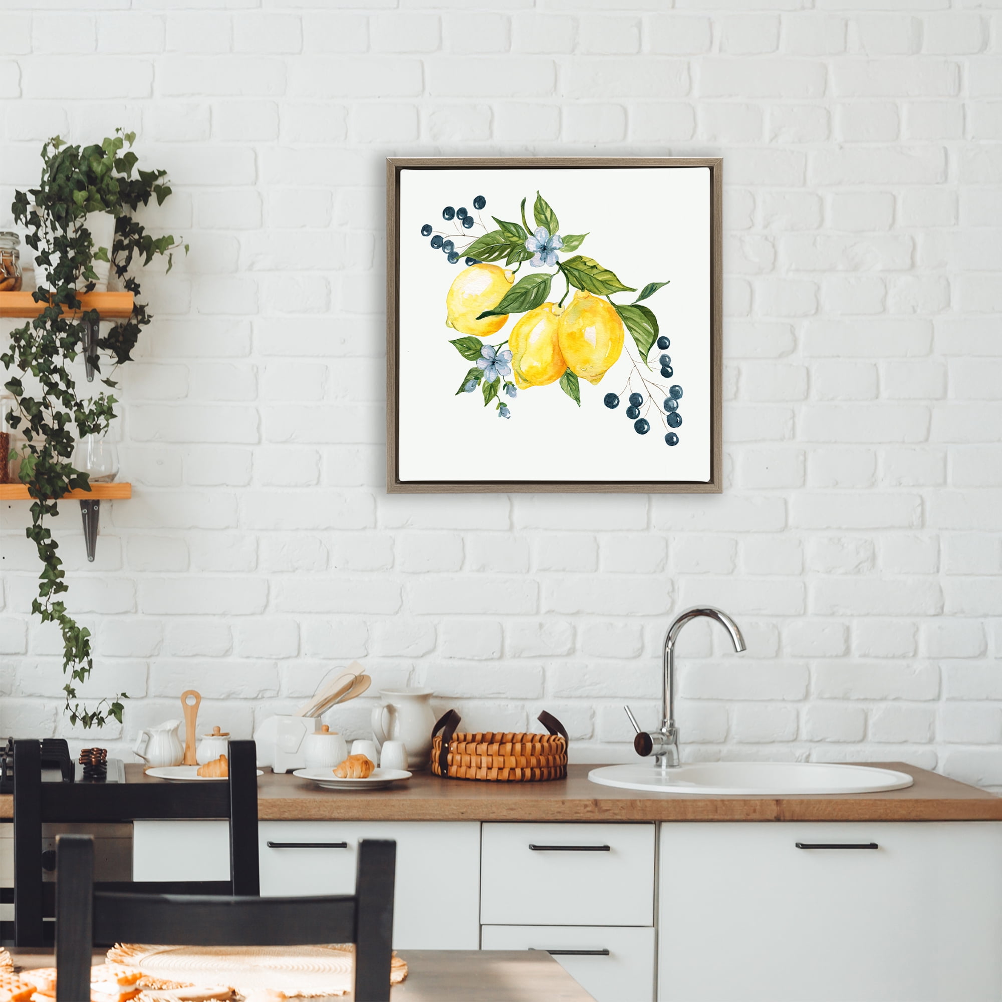 Stupell Industries Lemons with Blossoms & Berries Brown Framed Floater Canvas Wall Art, design by Livi Finn