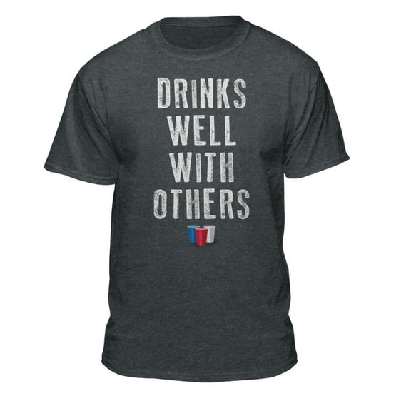 Teelocity Men's Funny Red, White and Blue Drinks Well with Others Charcoal Heather Grey Relaxed Fit Short Sleeve Graphic T-Shirt