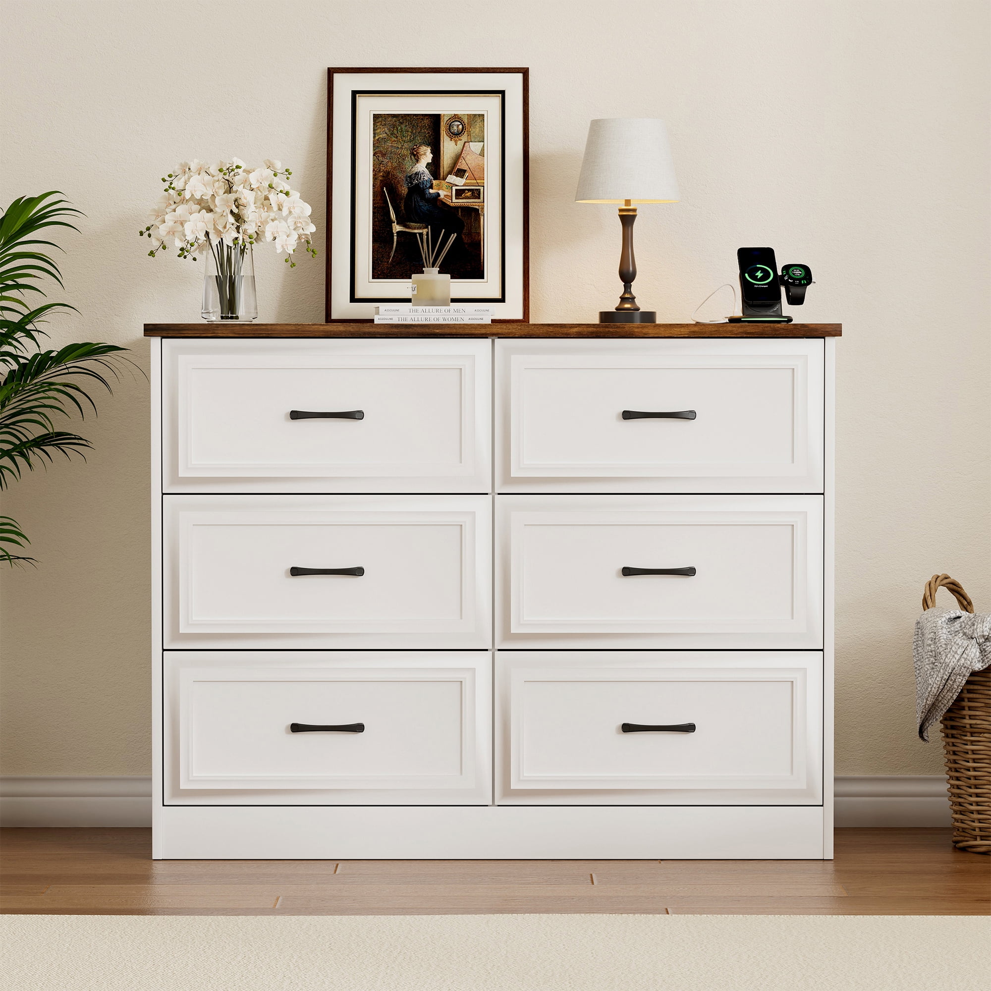 Vabches 6 Drawers Dresser with Charging Station for Bedroom, Wood Chest of Drawers, Farmhouse