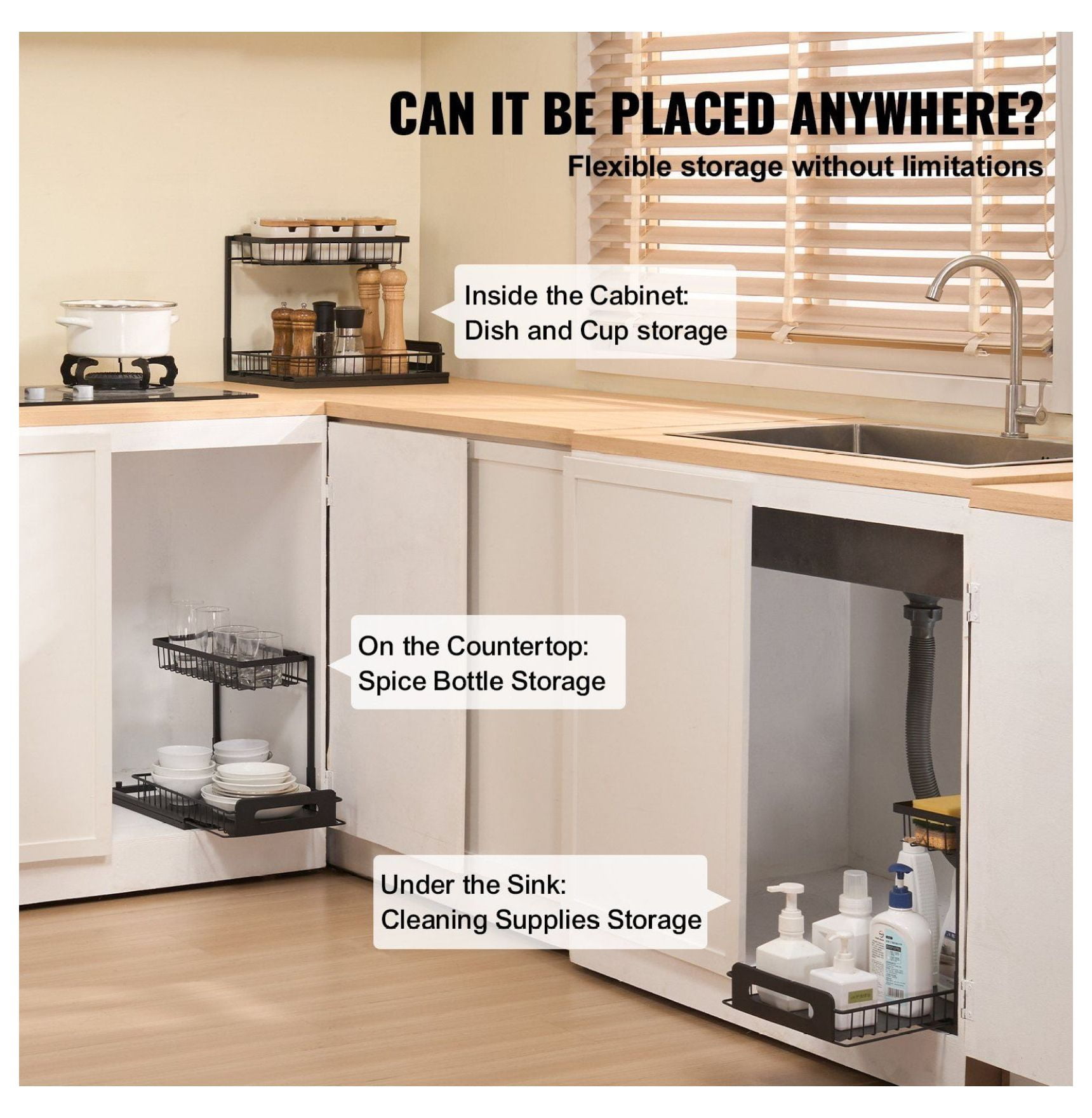 Pull Out Cabinet Organizer 2 Tier - Under Sink Organizer & Storage (10.7"W x 14.2"D) - Sliding Shelf - Wire Basket - Kitchen, Bathroom, Cabinet - 12.5"W x 15.5"D x 13"H