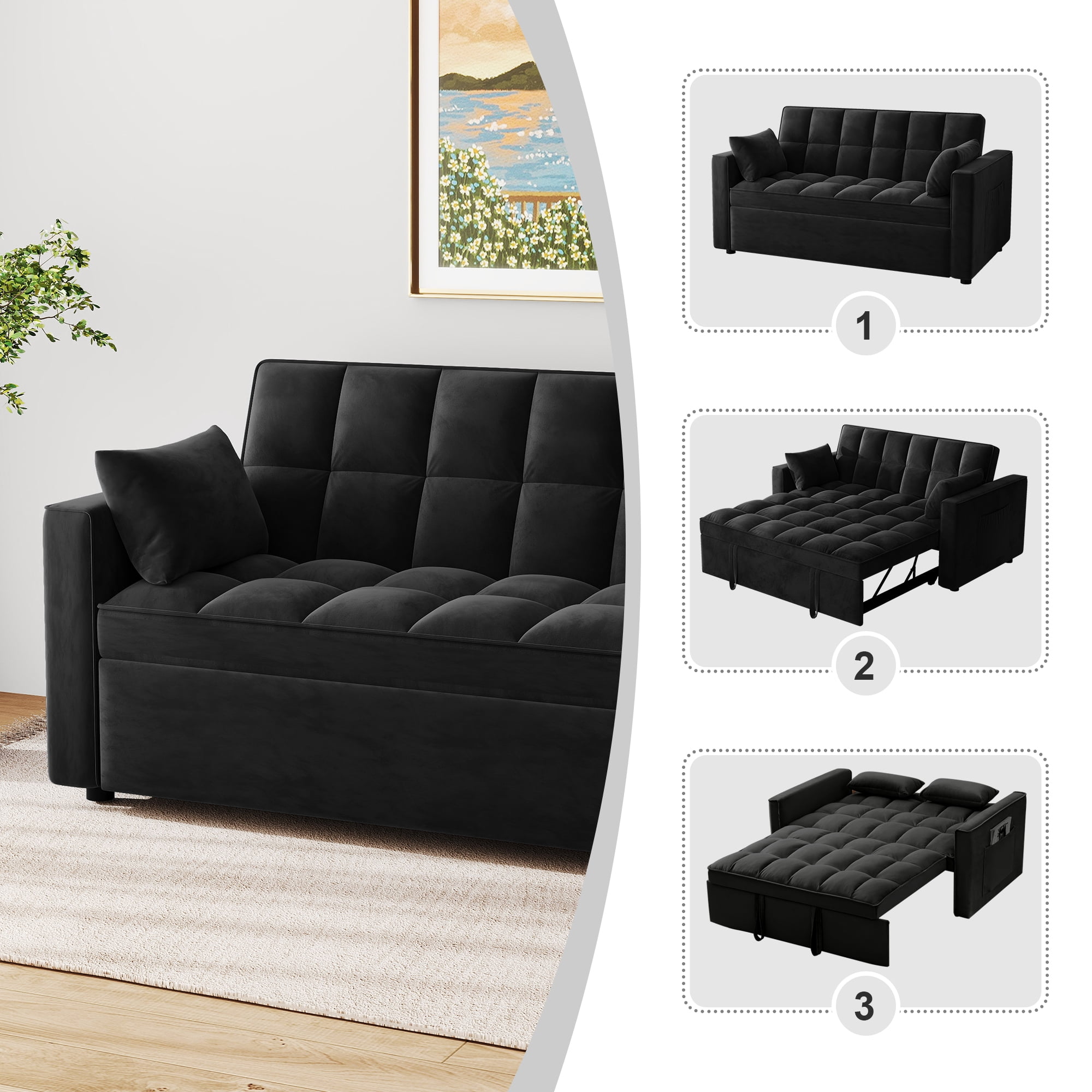 AENKYO Convertible Pull-Out Loveseat Sleeper Sofa Bed for Living Room, Modern Upholstered Futon in Black