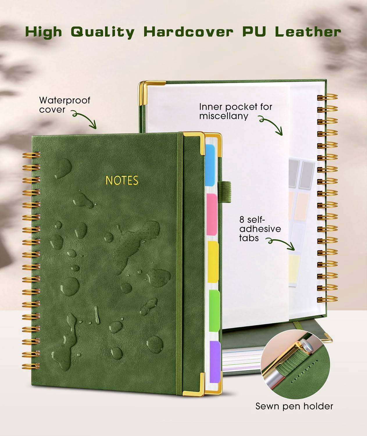 Hardcover Spiral Notebook - 300 Pages Leather 5 Subject Journal with Removable Dividers, 8"x10" for Work and Office (Green)