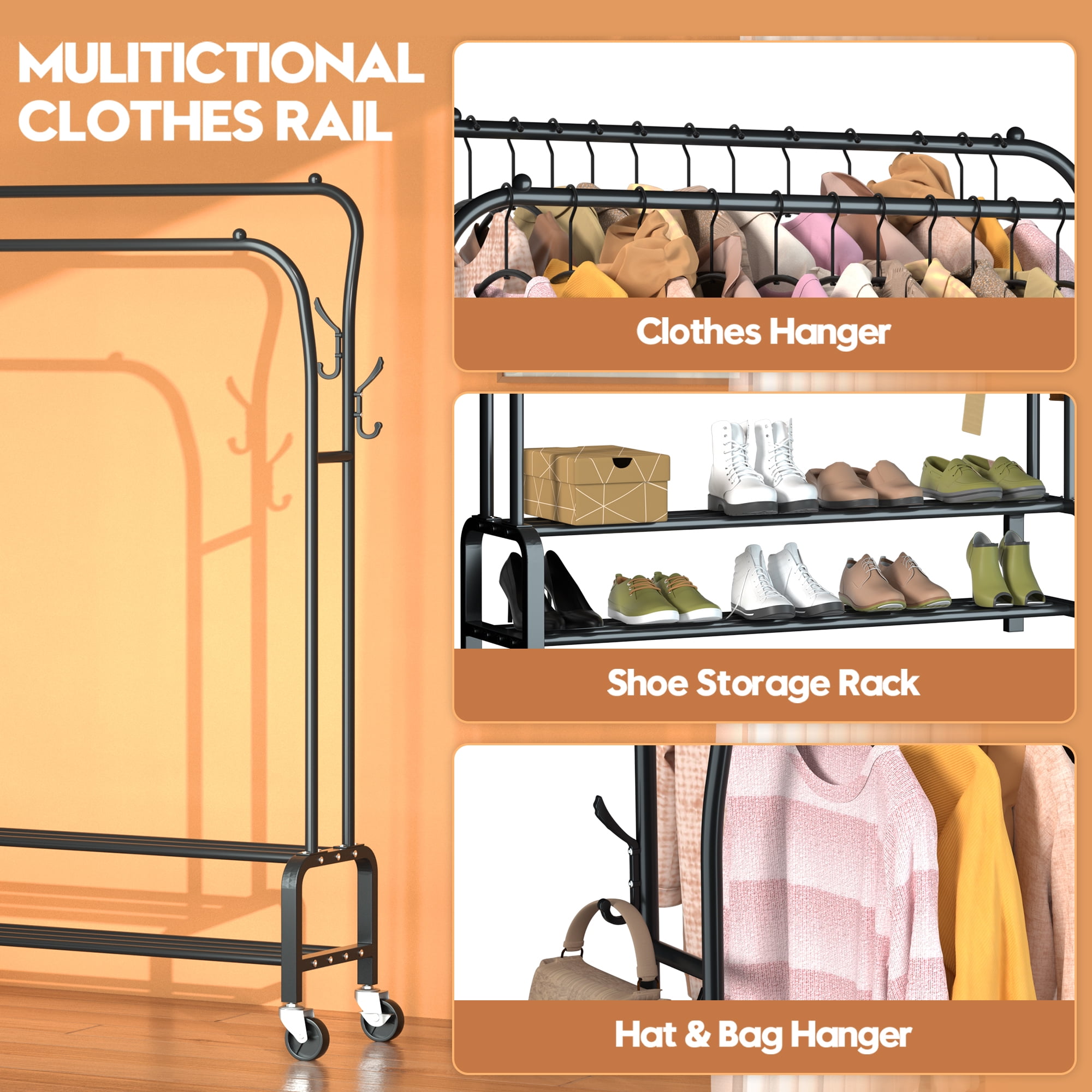 UNTIMATY Heavy Duty Clothes Rack for Hanging Clothes, Metal Rolling Garment Clothing Racks with Wheels Double-Rod 8 Hangers 2 Shoe Shelves, Black
