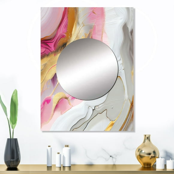 Designart "Pink And Gold Marble Abstraction I" Abstract Marble Mirror Wall Decor - Modern Pink Abstract Mirror Wall Art For Bathroom - 32" x 24" Inch