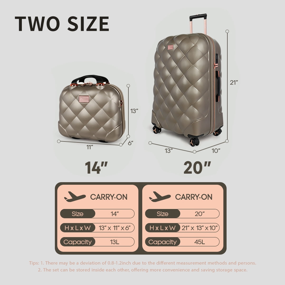 2 Piece Luggage Set, 20" Carry-On Expandable Luggage Lightweight Hardside Spinner Suitcase with TSA Lock, 14" Cosmetic Case, Skin, WD8810