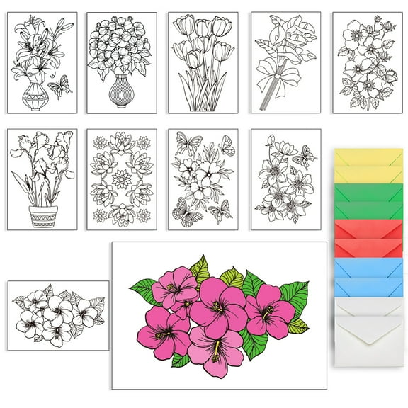 1 Bag 10Pcs Flower Coloring Greeting Cards Flower Vase Painting Greeting Card Kit Flower Coloring Greeting and Thank You Note Cards 10 Cards with 5 Colors 10Pcs Envelopes Included (8x6 Inch)