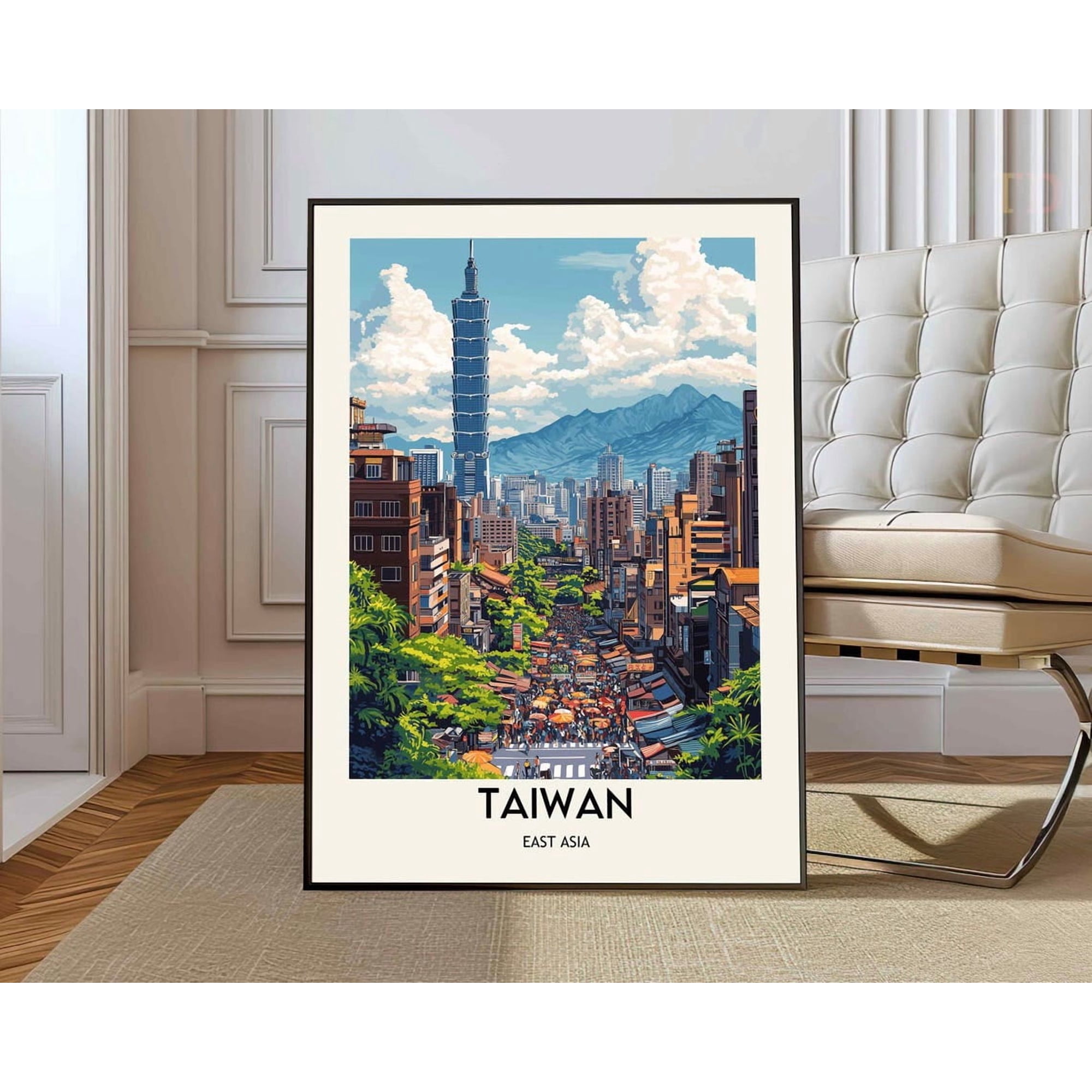 Taiwan Travel Poster, Taipei 101 Skyline And East Asian City Decor