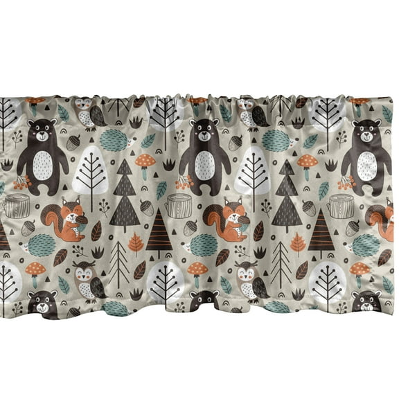 Ambesonne Cartoon Window Valance, Repeating Forest Animals, 54" X 12", Grey Yellow and Multicolor
