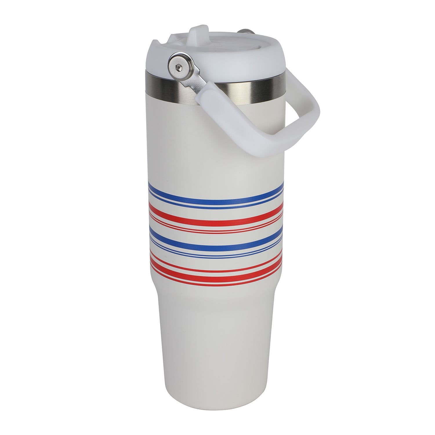 Ozark Trail 30 oz Stainless Steel Insulated Swivel Tumbler, White with Red and Blue Stripes