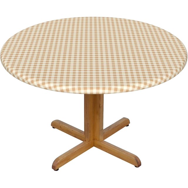 Round Fitted Tablecloth 54 Inch, Beige Gingham Elastic Fitted Round Table Cover Fitted Table Cloth Stain and Wrinkle Resistant Tablecloth Outdoor Tablecloth for Dining, Party, Buffet, Wedding