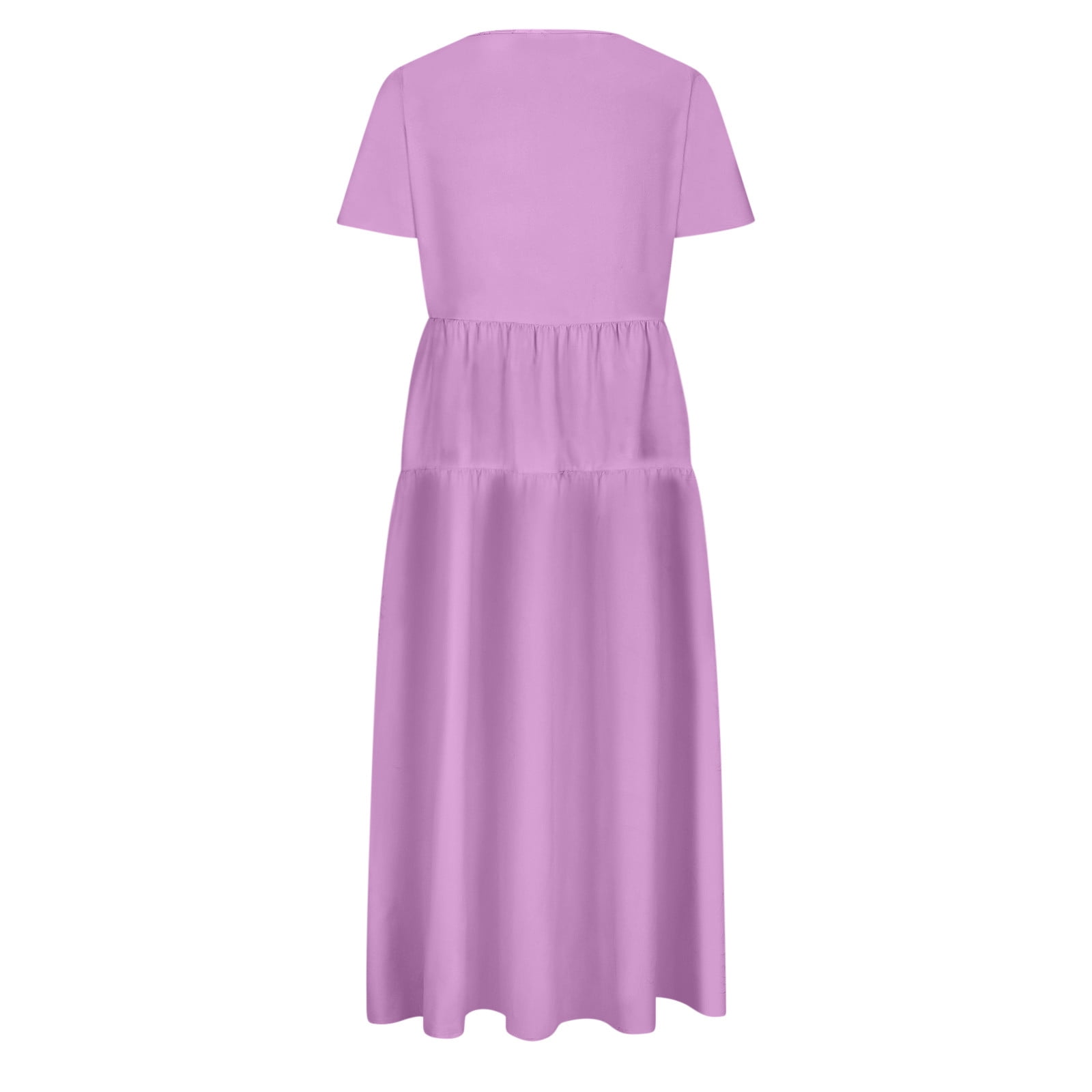 Hueook Casual Dresses for Women Women's Flower Solid Color Casual Short Sleeve Crewneck Dress Casual Flowy Tiered Maxi Beach Dress Purple XL