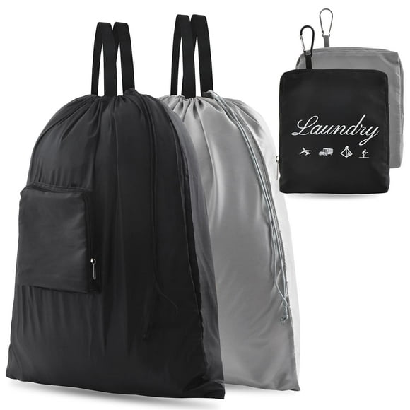 2 bolsas para ropa sucia JHX 【actualizadas】 con asas y mosquetón de aluminio, bolsa de ropa plegable para viajes, campamento, fitness y estudiantes (negro y gris) 24 pulgadas de largo x 21 pulgadas de