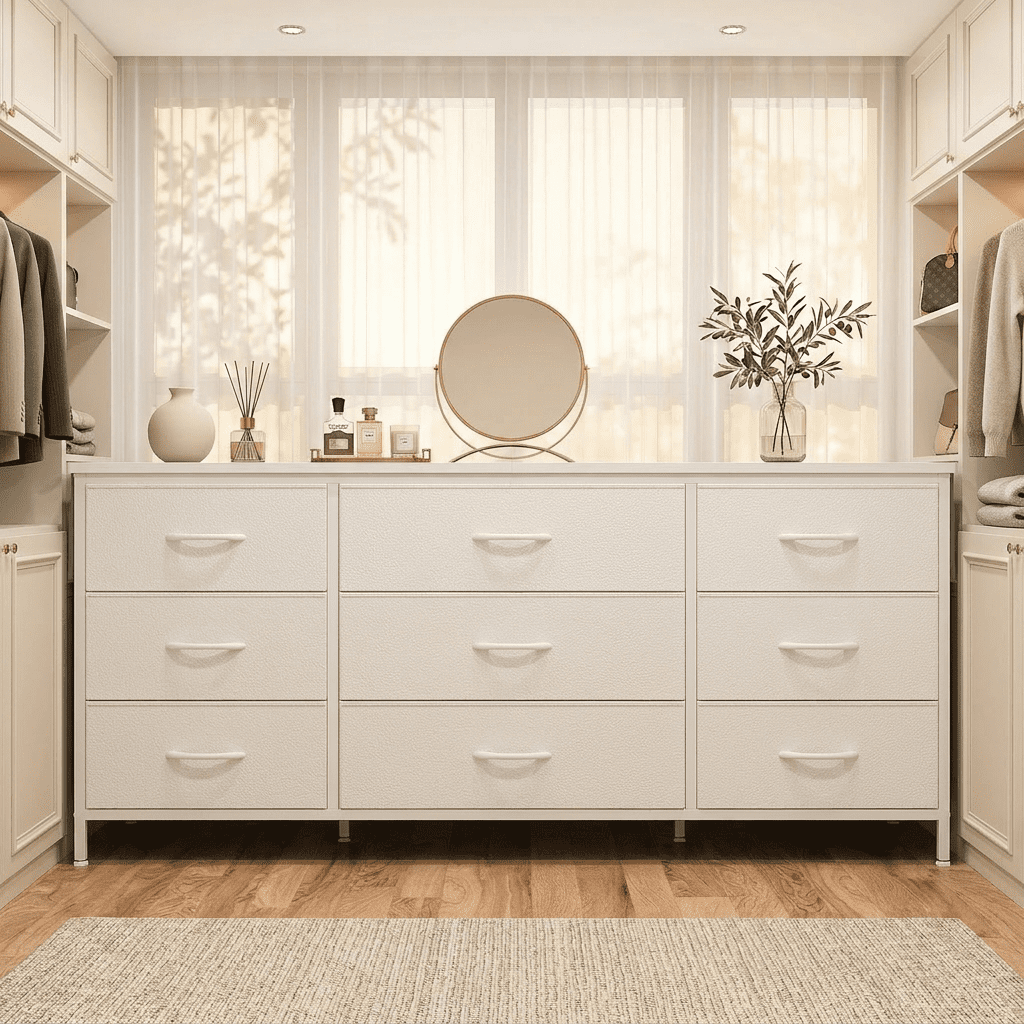 Romorgniz White TV Stand for 60 inch TV Dressers for Bedroom with 9 Fabric Drawers Wide Dresser for Living Room, Sturdy Metal Frame & Wood Top