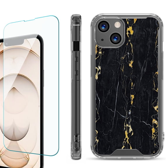 Shockproof Bumper Phone Case for iPhone 13, with Tempered Glass Screen Protector, by OneToughShield ® - Marble / Gold/Black