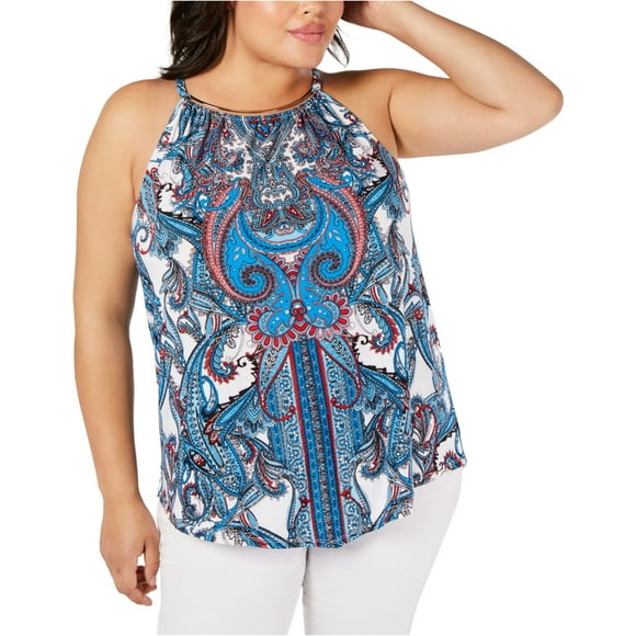 I.N.C Womens Hardware Trim Halter Top Shirt, Blue, Plus Size, 2X