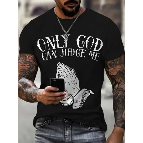Men's 180gsm Cotton T-Shirt with "Only God Can Judge Me" Distressed Graphic Print - Black Crew Neck Short Sleeve Regular Fit Casual Top for All-Season Versatile Daily Wear
