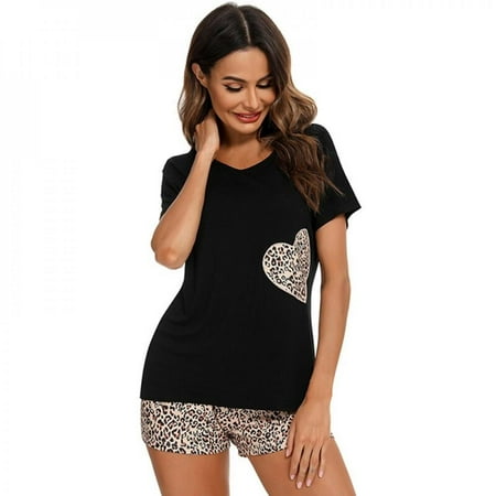 

Clearance!Pajamas Women Cotton Tops Pants Casual Nightwear Pyjamas Female Sleepwear Sets Plaid Short Sleeves Top Shorts Pijamas Lingerie Black(Leopard Print) S