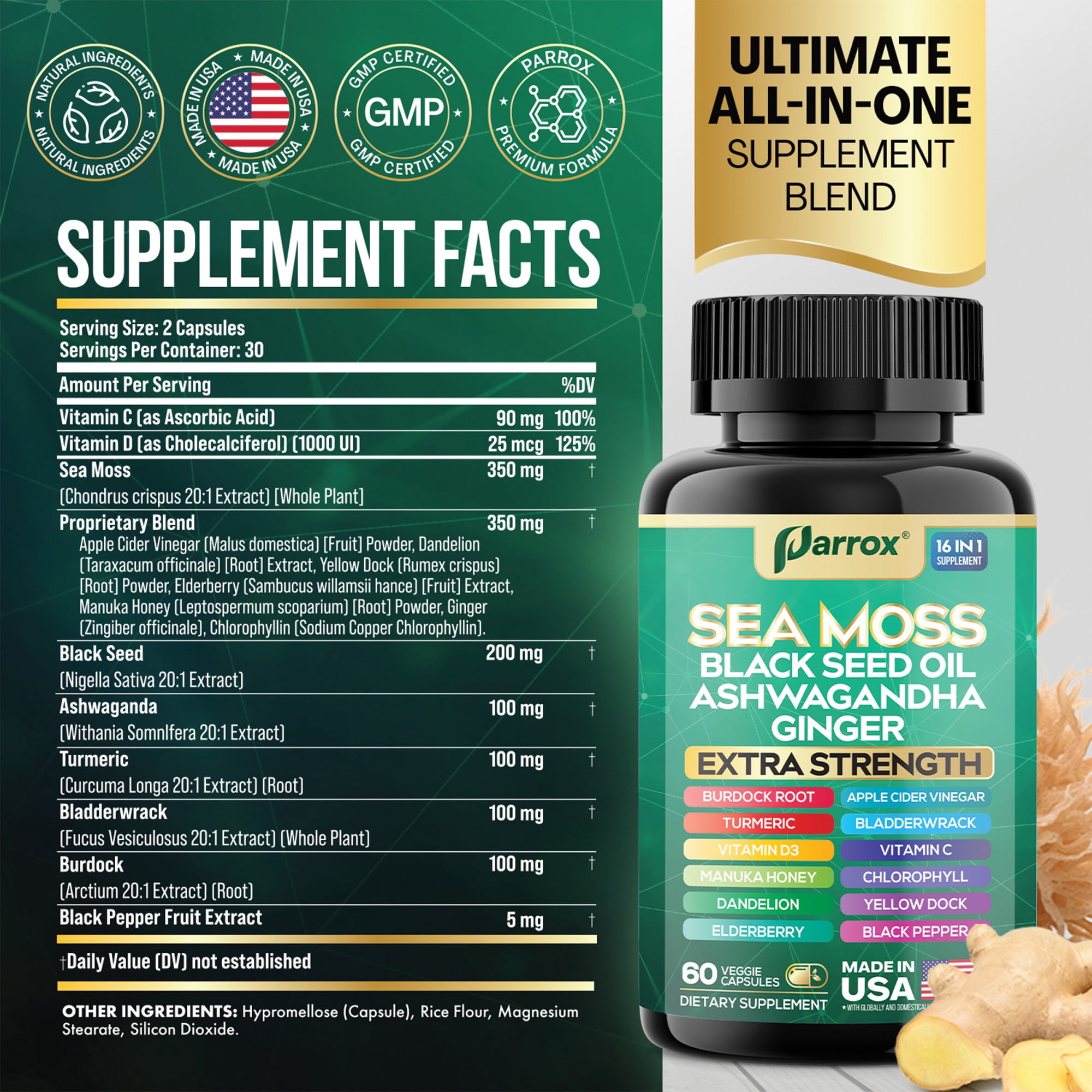 Sea Moss, Black Seed Oil, Ashwagandha, Turmeric, Chlorophyll, Dandelion, Ginger, Vitamin D3, Black Pepper, Elderberry, ACV, Yellow Dock, Burdock Root, Manuka, Vitamin C, Bladderwrack (60 Caps)