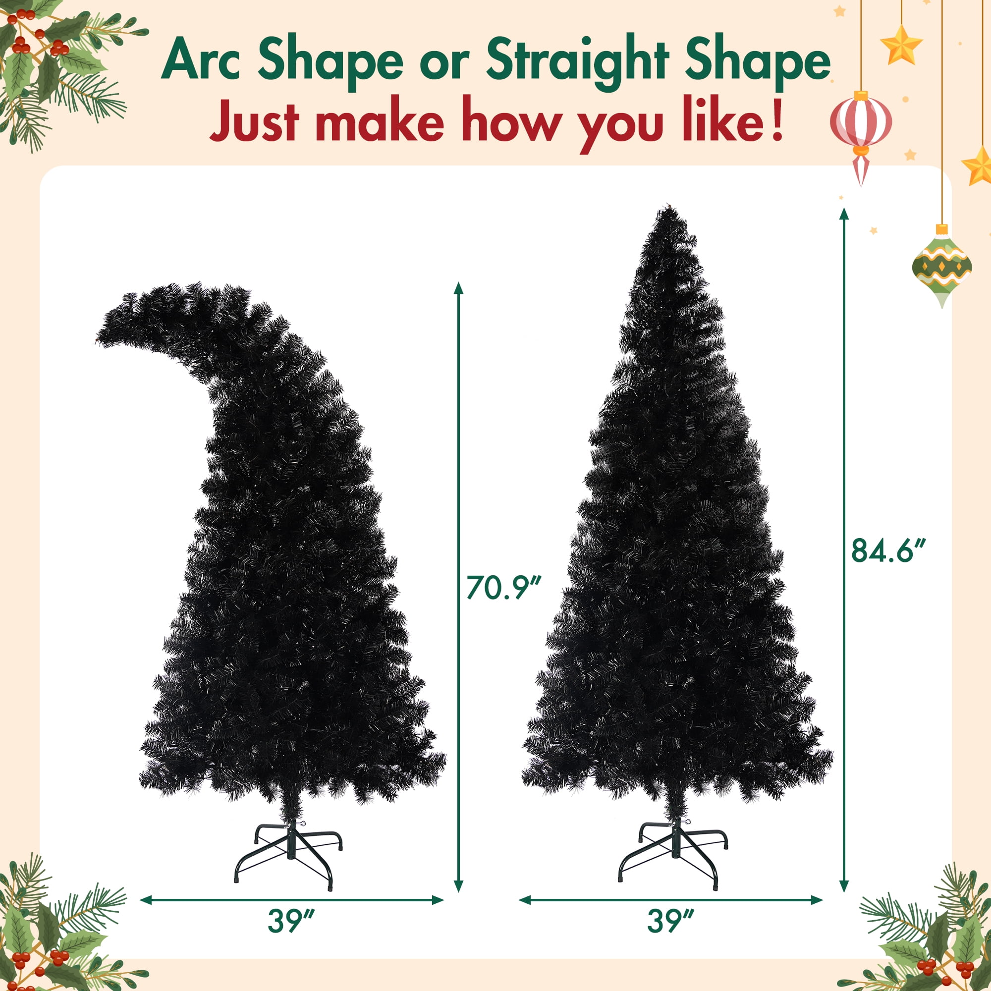 Euroco 6FT Artificial Christmas Tree with LED Light, Pre-Lit Curved Shape Artificial Whimsical Xmas Tree with 900 Tips, Black Christmas Tree