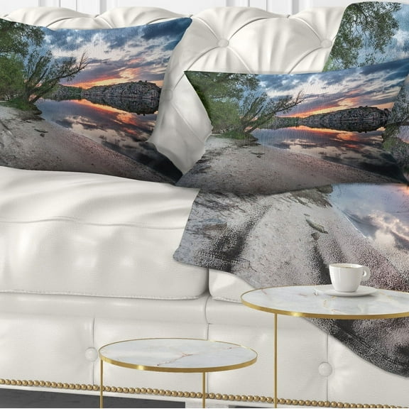 Designart Sunset at River with Large Rock - Landscape Photo Throw Pillow - 12x20