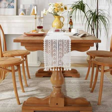 

Hotian Macrame Knit Fall Table Runner with Tassel for Kitchen Dining and Home Decor White 71 x9.5