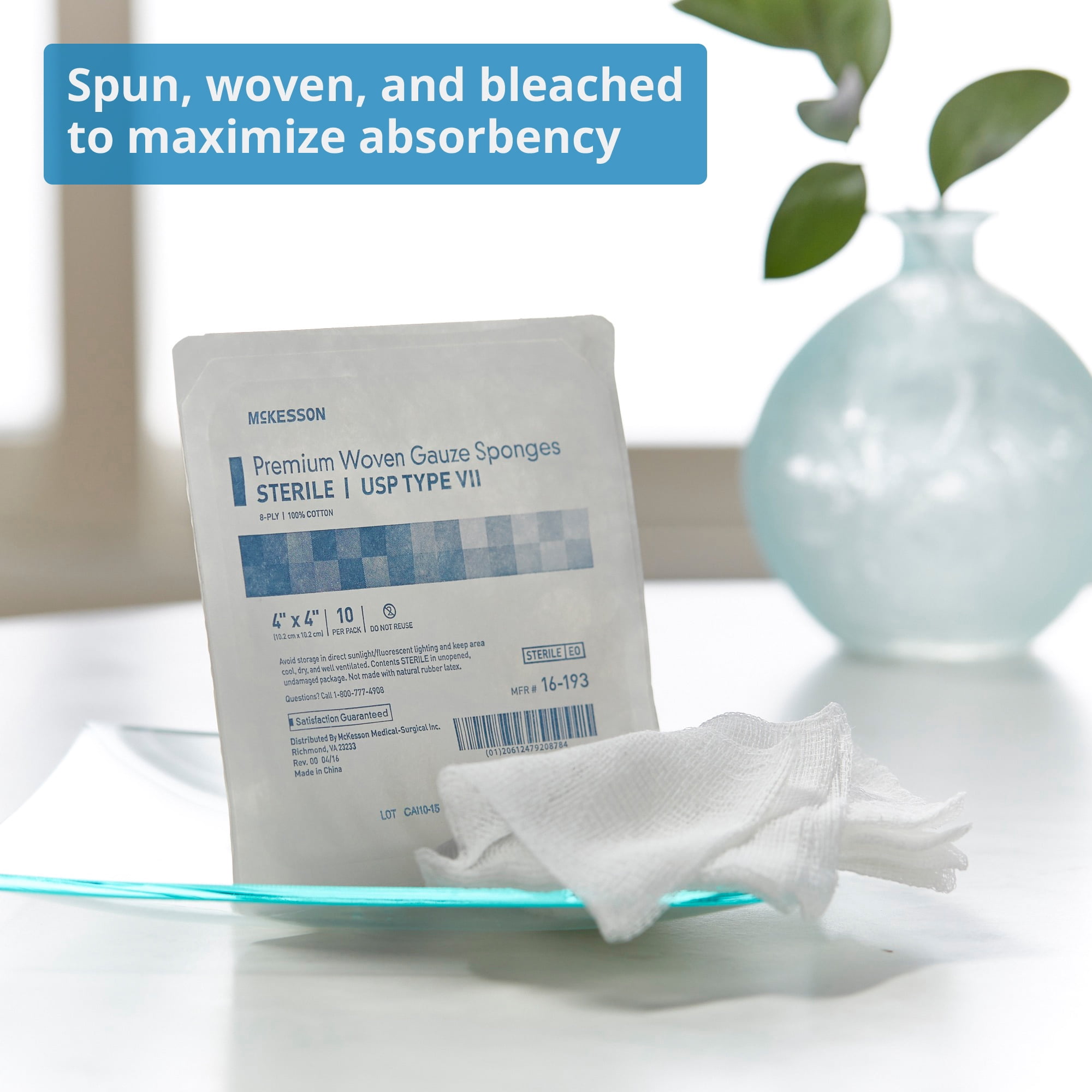 McKesson Premium Woven Gauze Sponges, 8-Ply - Sterile, 4 in x 4 in, 10 per Pack, 128 Packs, 1280 Total