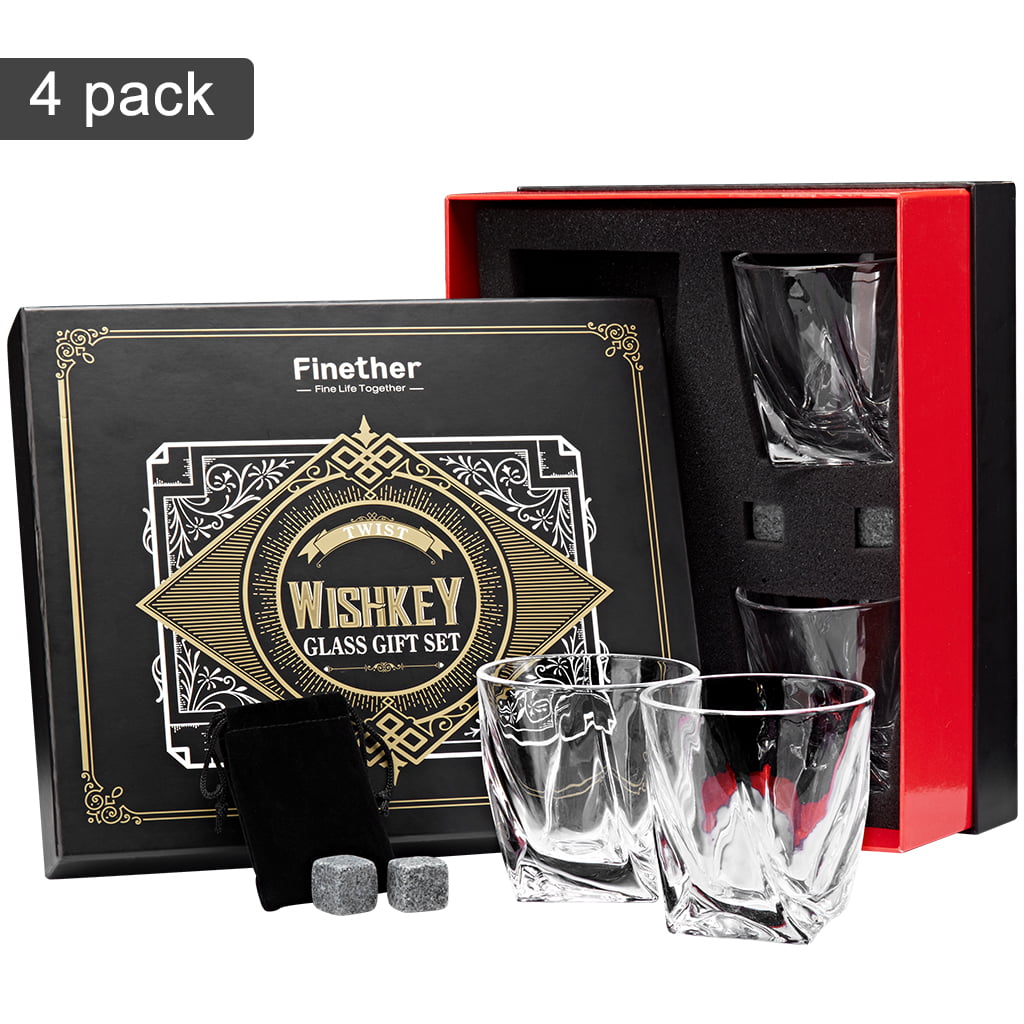Whiskey Glass 4Pack Premium Lead Free Crystal Glasses Twist Tasting Tumblers 
