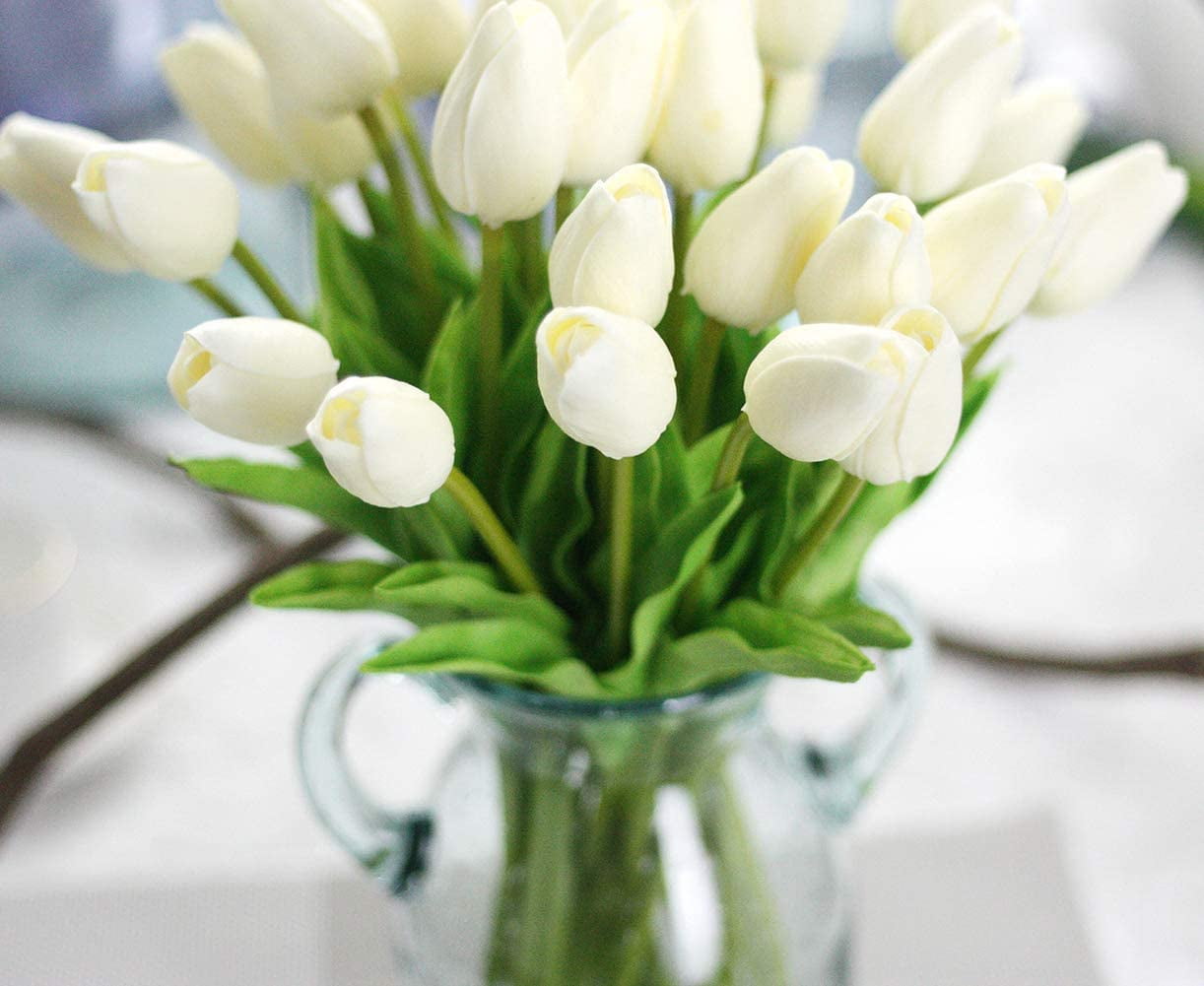10pcs Artificial Tulips Flowers Real Touch Pink Tulips Fake Holland PU Tulip Bouquet Latex Flowers for Wedding Party Office Home Kitchen Decoration (Dark Pink)