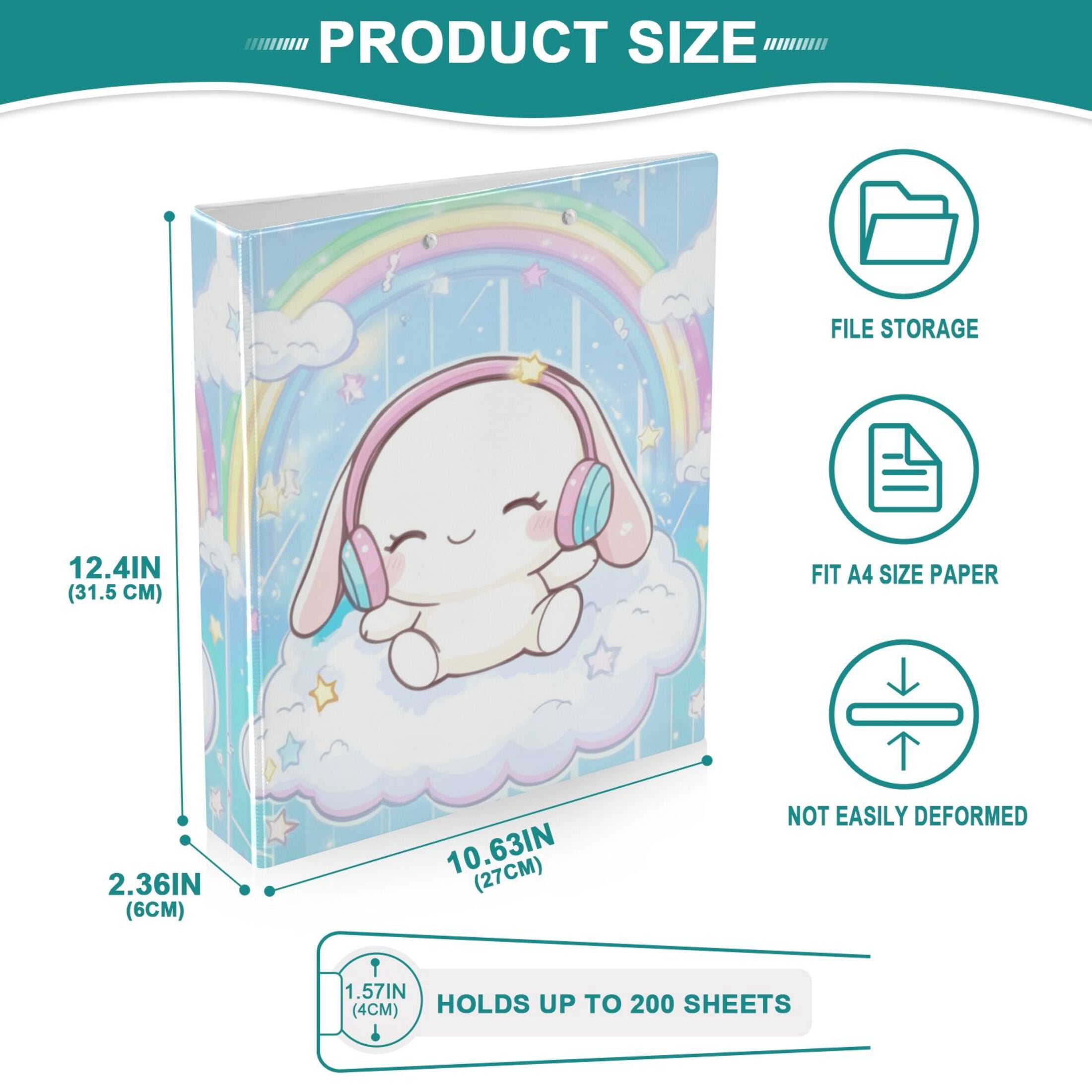 Cinnamoroll Sit on Cloud Wear Headphone Hardcover 3 Ring Binder 1.5” Round Rings Letter Size Paper Pockets for School Office Supplies