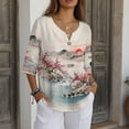 thumbnail image 3 of Xoenoiee Plum Blossom Mountain Sunset Print Women's Vintage Linen Tops 3/4 Sleeve Boho Summer Graphic Tees Tunic Shirts Casual Loose Button Blouses, 2XL, 3 of 7