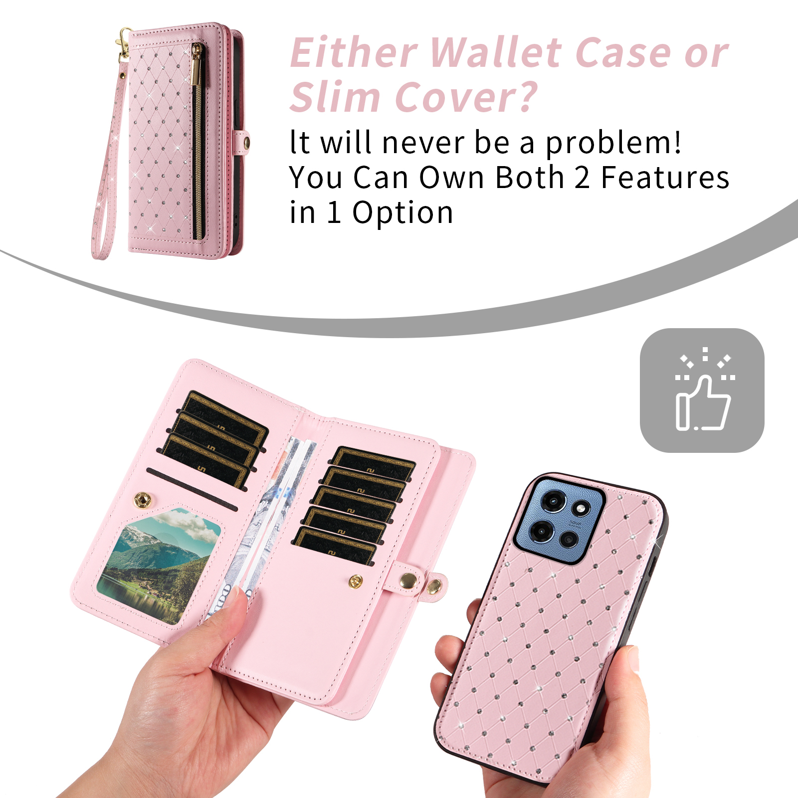 Asuwish Phone Case for Motorola Moto G 5G 2025 Zipper Wallet Detachable Cell Cover with Tempered Glass Screen Protector Crossbody Lanyard Strap Bling Glitter Flip Card Holder Slot G5G 5 G Women Pink