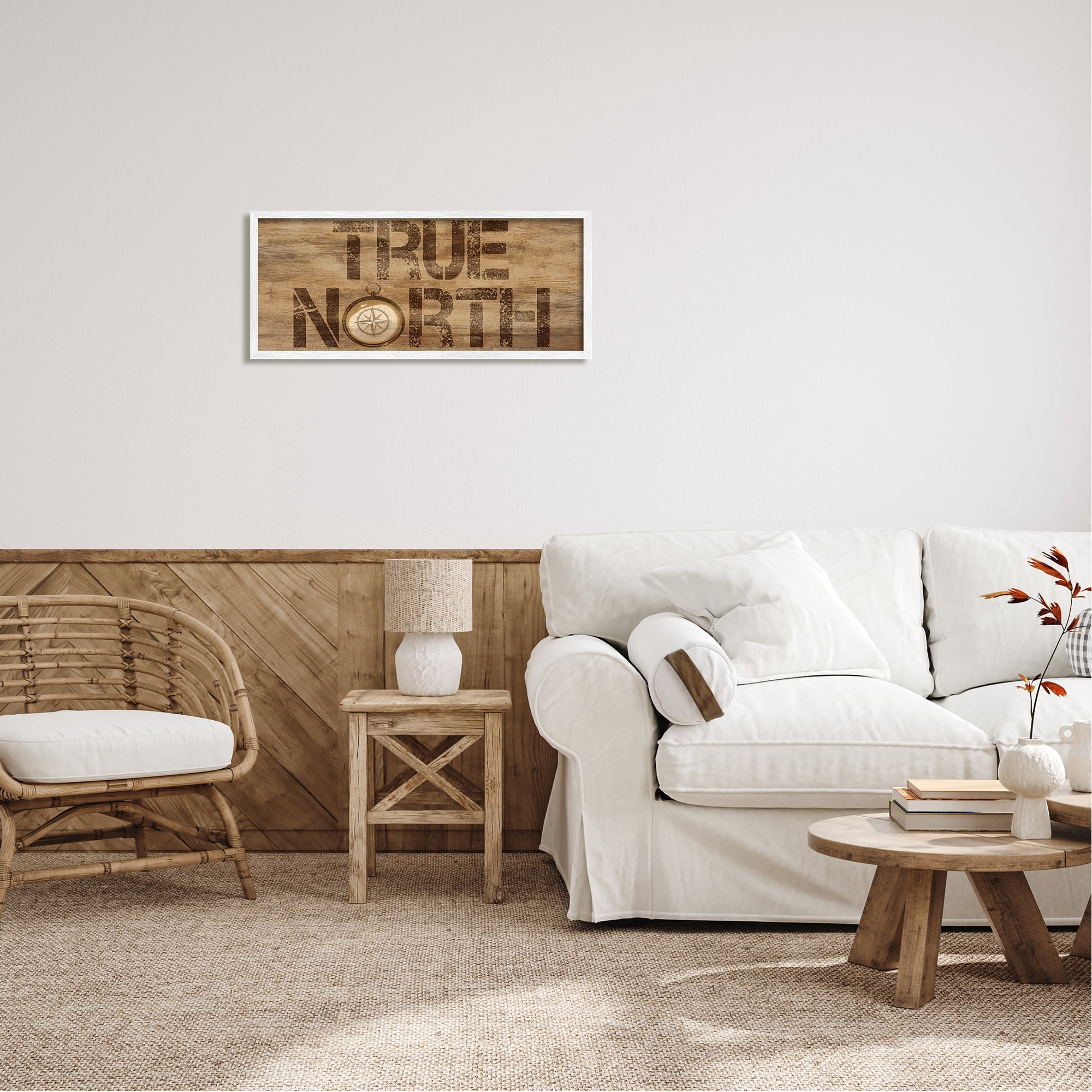 Stupell Industries Rustic True North Compass Nature Painting White Framed Art Print Wall Art, 30 x 13
