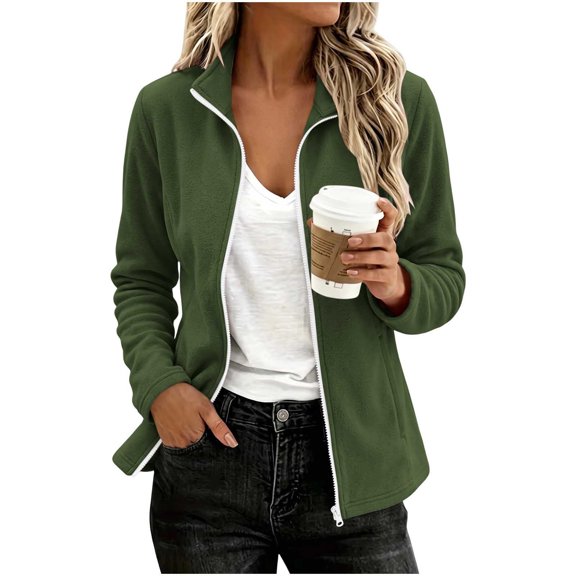 Mifsaly Fleece Jacket Women Full Zip Stand Collar Fall Coat Warm Lightweight Long Sleeve Outerwear with Pockets Everyday Casual Outdoor Activewear Army Green,XL