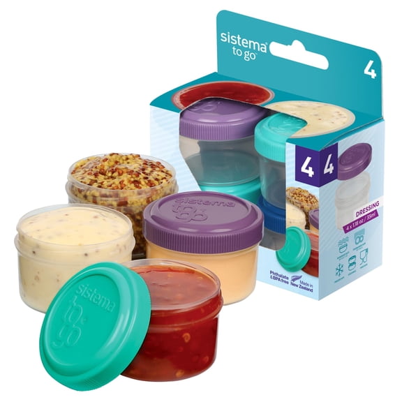 Sistema Dressing Pots TO GO, Food Container Sauce Pots with Lids, 35ml., BPA-Free, Blue, Green, Pink & Purple Lids, 4 Count [21470-53C]