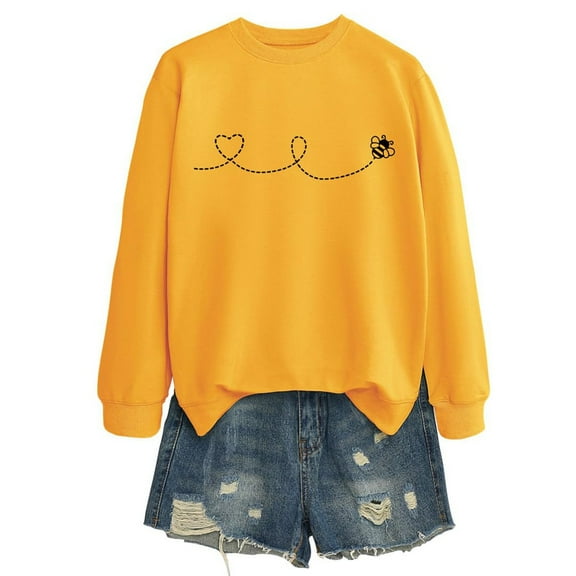 XIAONU Womens Sweatshirts Cute Bee Print -Lined Hoodless Sweatshirt Baggy Round Neck Long Sleeve Pleasure Pullover Hoodless Sweatshirt