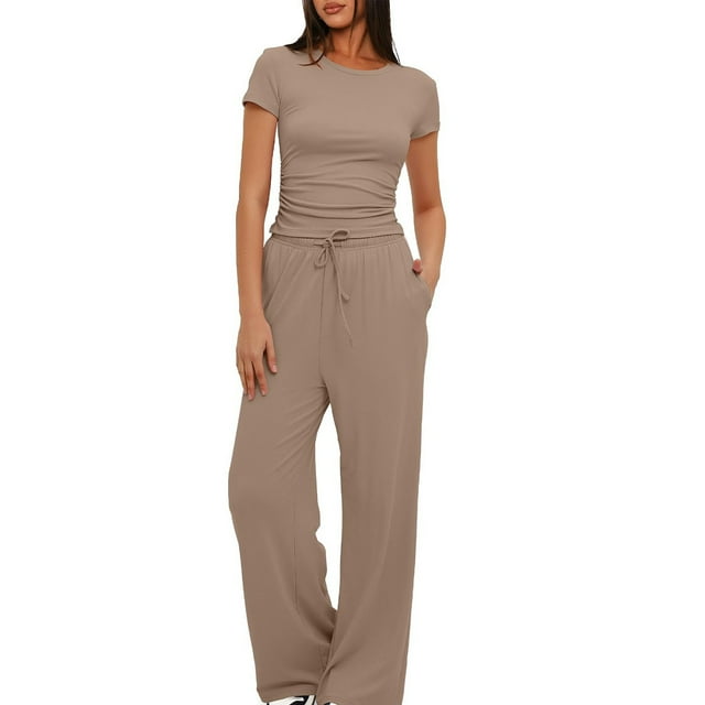 Birdeem Ensemble 2 Pcs Femme Mode Col Rond Uni Blouse à Manches Courtes + Pantalon Long Taille Élastique