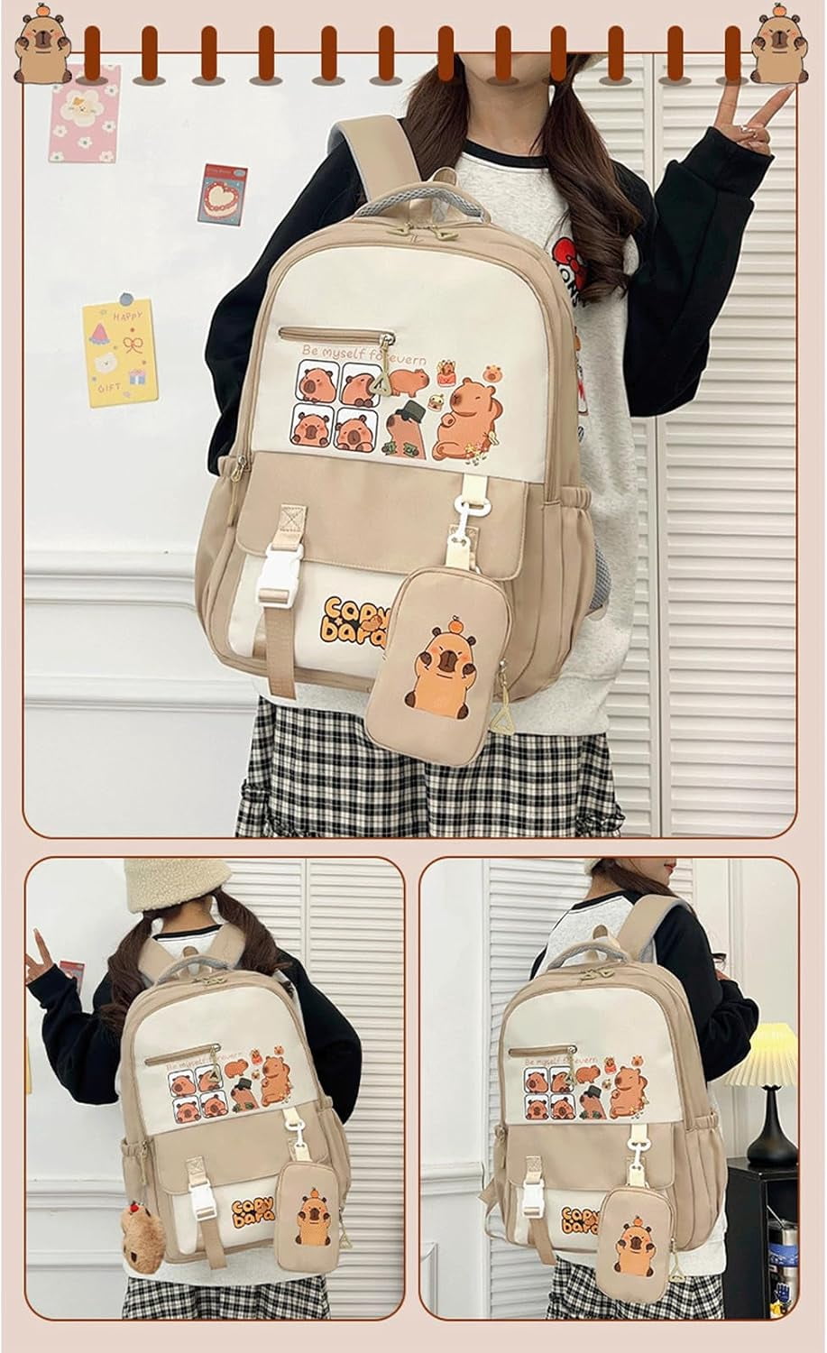 Capybara Backpack with Cute Kapibara Charm Mochila Capybara Cartoon Kapibara Daypack Travel Kawaii Going Out Bag(Black)