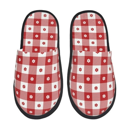 Balery Red Plaid Daisy Slient Indoor Furry Fleece Comfort House Shoes Soft Non-Slip Home Shoes Cotton slippers House Slippers-- Medium