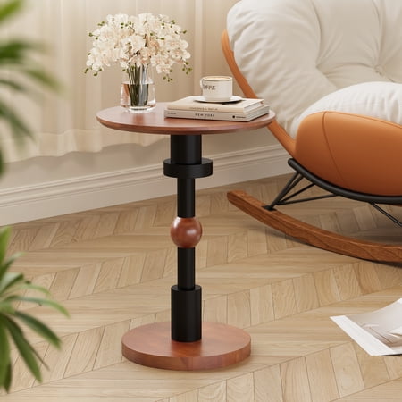 100% Solid Wood Round End Table - Small Mid Century Modern Side Table,Vintage Accent Table for Living Room Balcony Small Spaces Bedside Nightstand for Bedroom Walnut